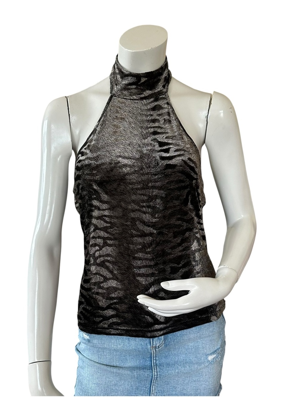 Vintage Y2K Taupe Brown Shimmer Zebra Print Slinky Halter Top Size Medium